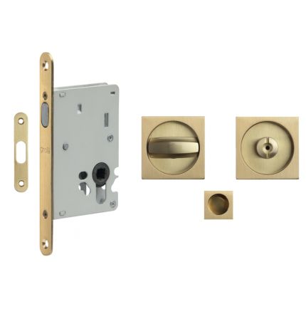 Serrure + verrou pour porte à galandage en laiton brossé Serrure + verrou pour porte à galandage en laiton brossé