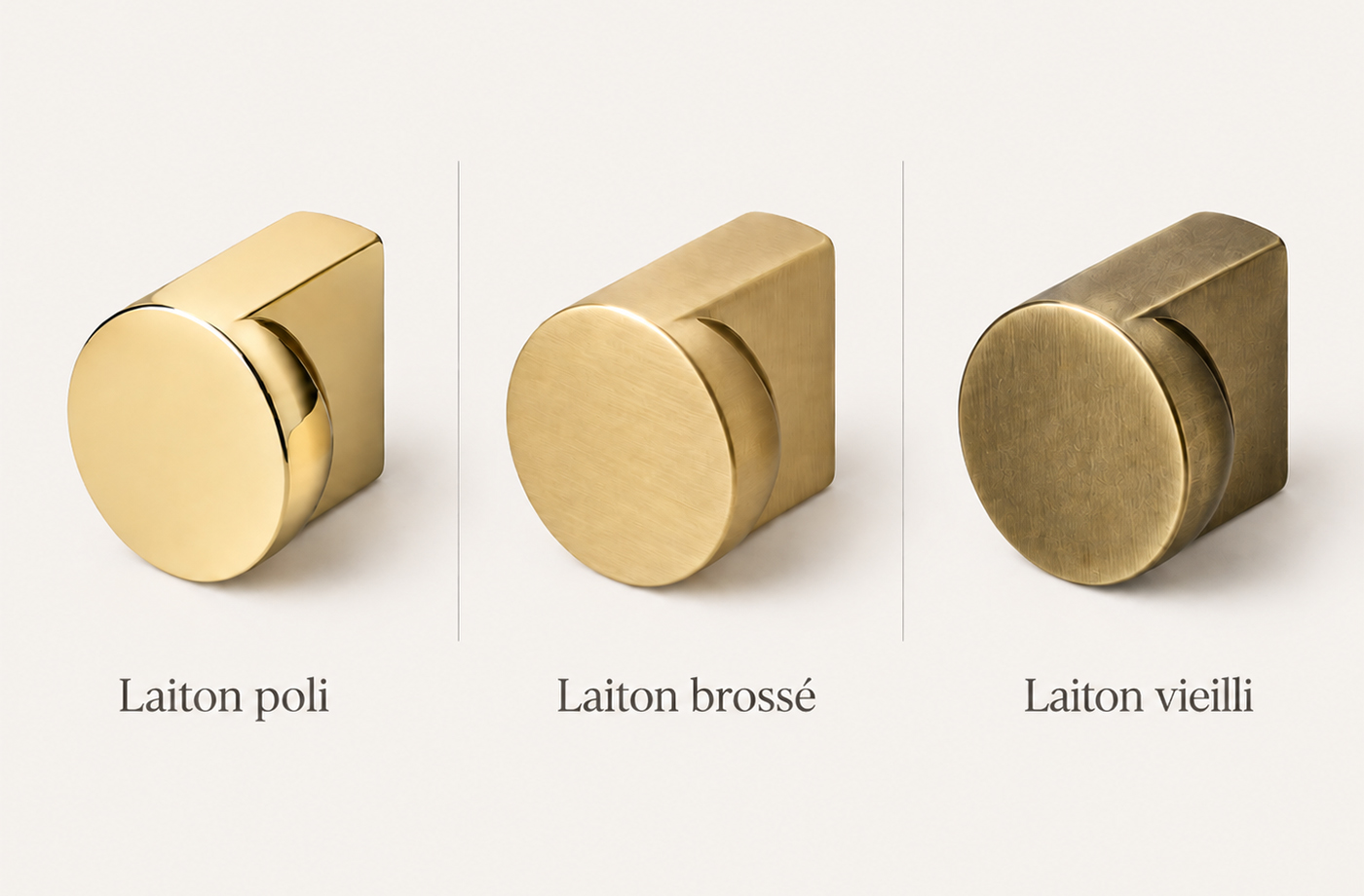 Comparaison des finitions laiton poli, laiton brossé et laiton vieilli